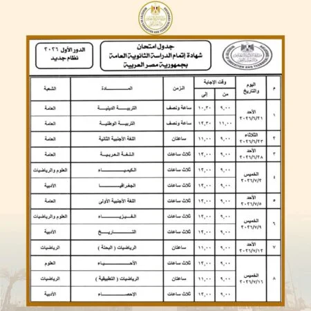 جدول امتحانات الثانوية العامة 2026