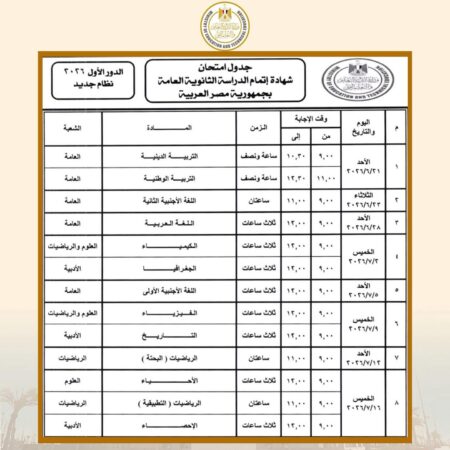 جدول الثانوية العامة